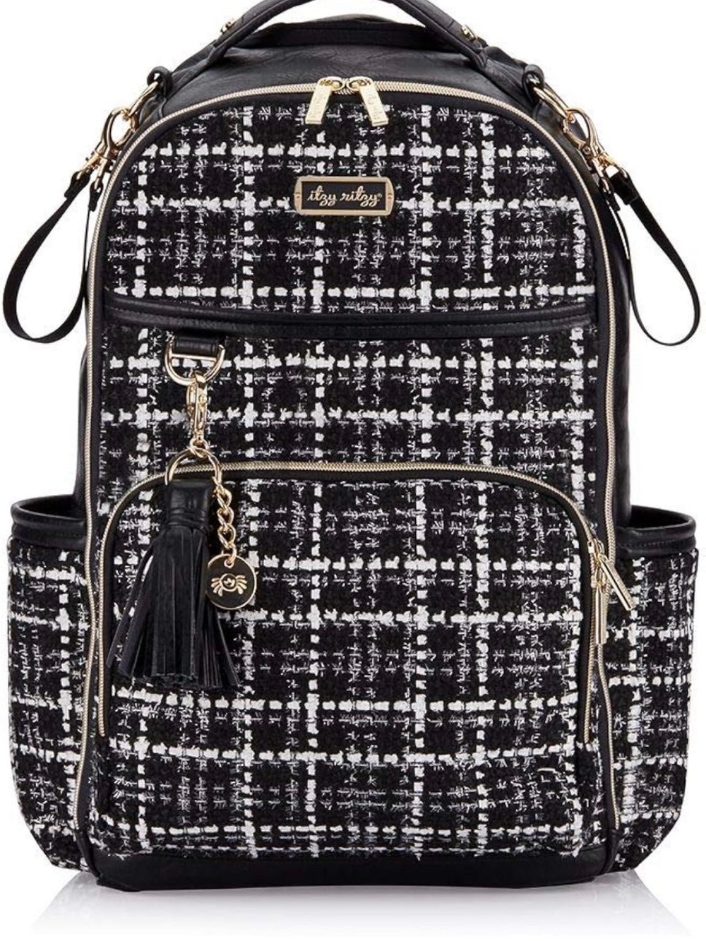 Itzy Ritzy Black and White Tweed Backpack with Gold Hardware